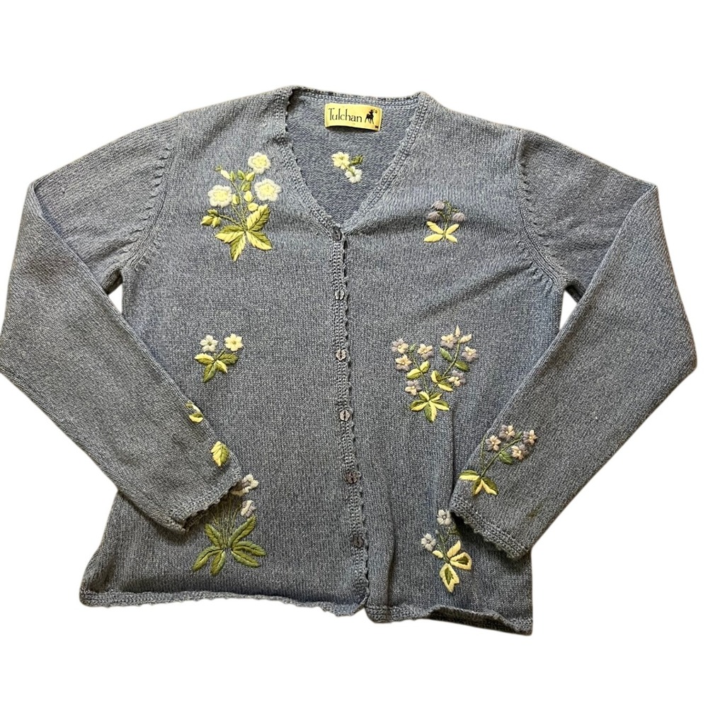 Vintage Tulchan Floral Embroidered Cotton Cardigan Sweater Cosby Kurt Cobain EUC